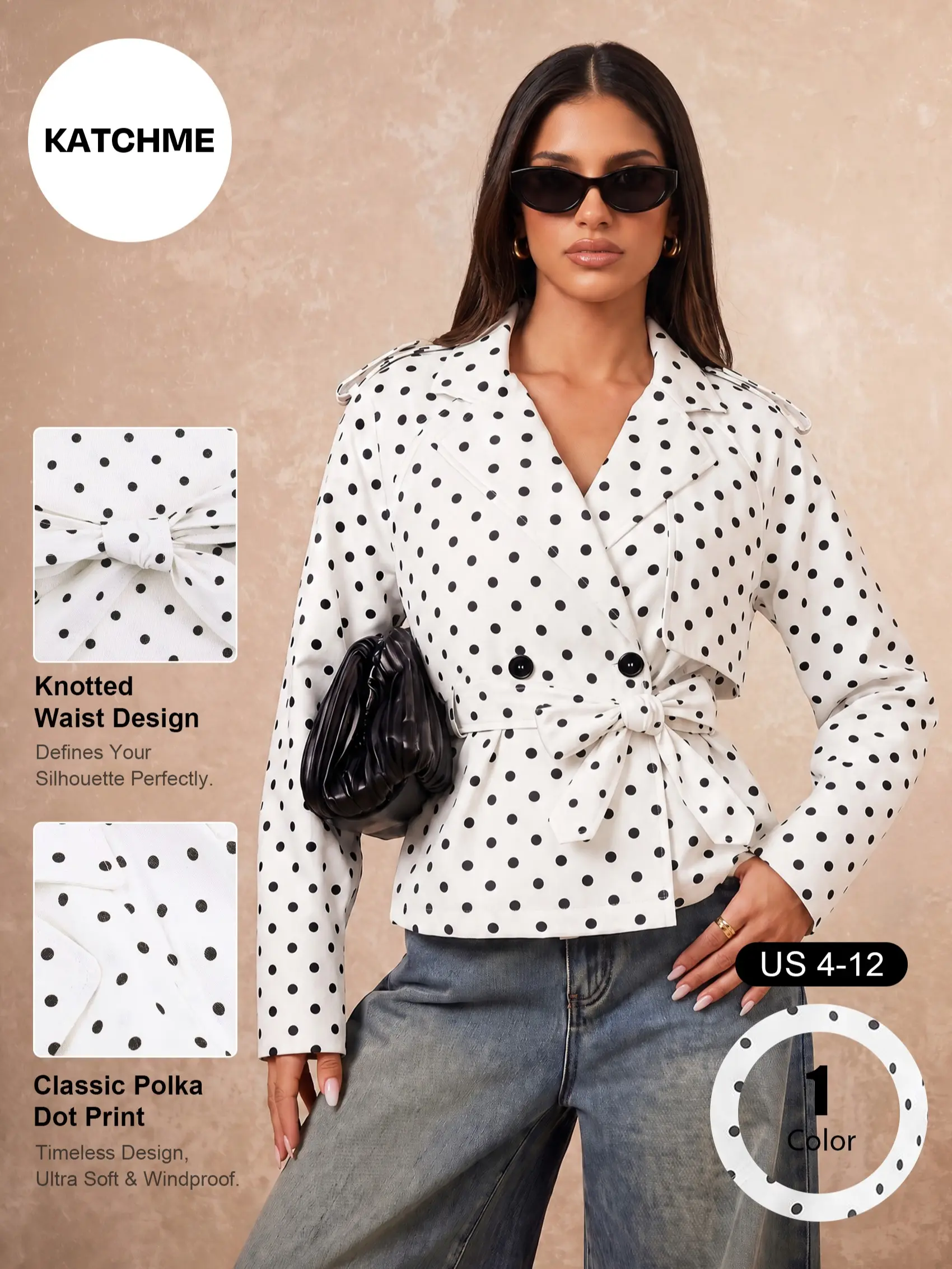 Katch Me Chic Women's Vintage Polka Dot Belted Trench Coat, Lightweight Notch Lapel Double Breasted Outerwear, Fall & Winter Long Sleeve Jacket #TikTokMadeMeBuyIt #CasualChic #Windbreaker