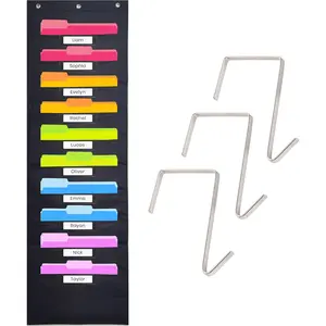 Black Pocket Chart for Classroom - 10 Pocket Storage Rainbow Pocket Charts , 3 Over Door Hangers Included, Hanging Wall File Organizer for File Folders, School Mailbox, Home/Office Papers