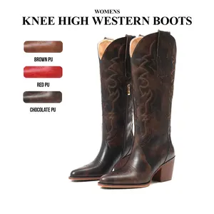 CYNLLIO Womens Knee High Cowboy Boots Pointed Toe Chunky Block Heel Cowgirl Tall Boots Side Zipper Comfy Classic Retro Embroidered Fashionable Western Boots