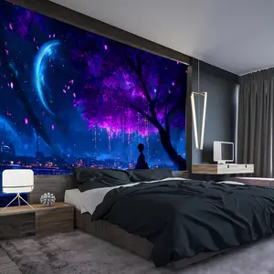 1pc Ultra Large Romantic Blue Moon Cherry Blossom Tree Coastal Landscape Tapestry - Premium Polyester Fabric, Vibrant Digital Print, Hand-Stitched Edges, Wrinkle-Resistant - No Installation Needed for Living Room, Bedroom, Office & Party Wall Decor, Cherr