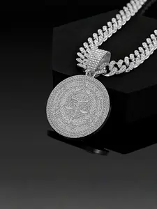 Hiphop Style Libra Round Pendant Necklace, Alloy Cuban Link Chain, Full Diamond Design, CZ Bling, Street Fashion Jewelry for Party & Daily Wear, Birthday Gift Jewelry