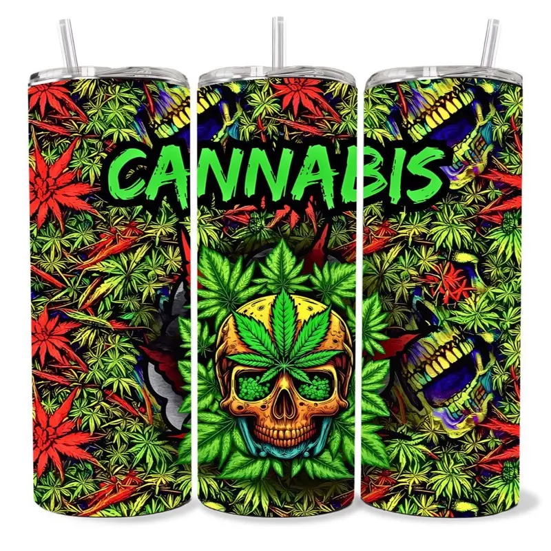 Skull Cannabis 20 oz Tumbler - BPA Free, Stainless Steel, Leak Proof, Clear Lid, Includes Straw