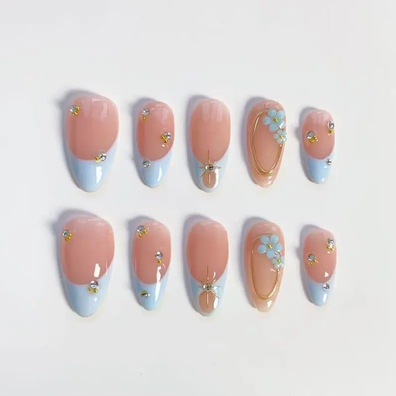 Baby blue flower nails/press on nails long almonds/Elegant nails/Light blue French nails/Golden Chrome Nails/Holiday nails/Spring nails
