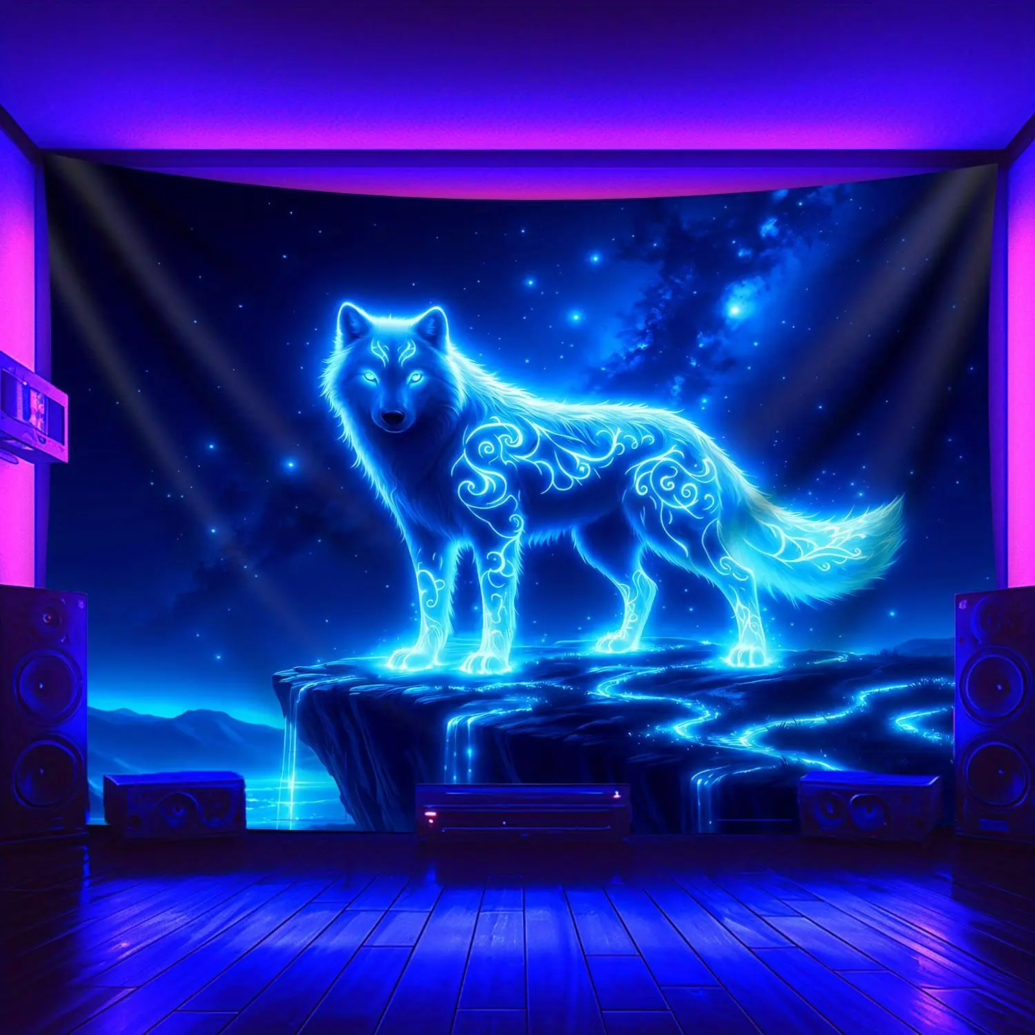 2D Flat Fluorescent Wolf LED Sign Tapestry - Black Light Futuristic Glowing Home Decor, Holiday Gifts, Indoor-Outdoor Bedroom Wall Hanging Door Accent