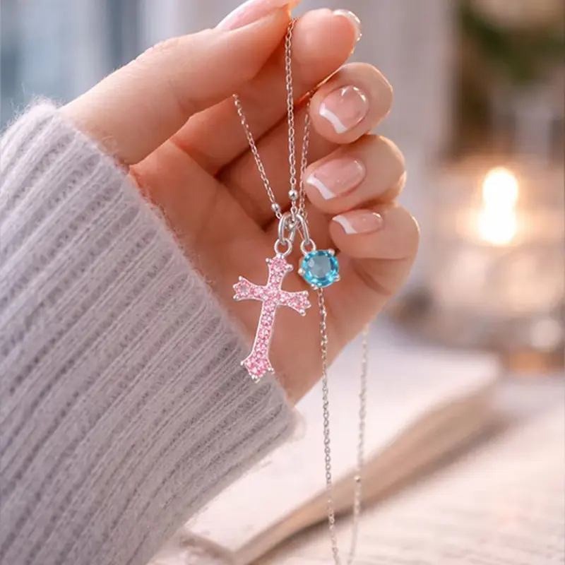 VY Pink & Blue Contrast Cross Necklace, Sweet Gem Pendant, Romantic Gift For Girlfriend Stone Initial Letter Set