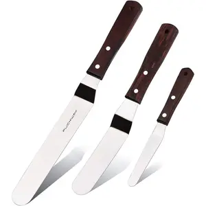 Offset Cake Icing Spatula Set of 3 Professional Stainless Steel Decorating Frosting Spatulas (4"-6"-8" Flexible Resistant ) Angled with Wooden Handle