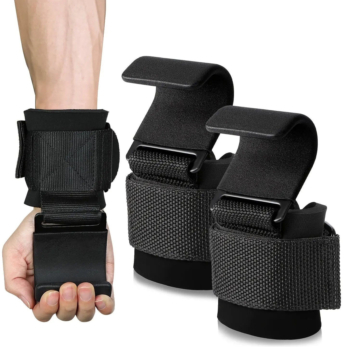 Solid Black Lifting Hooks with Anti-Slip Rubber Grip and Adjustable Wraps for a Comfortable Hook Grip During Pull-Ups, Bodybuilding, Unisex, Hand, Weightlifting