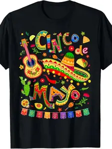Happy Cinco de Mayo Fiesta Mexican Party 5 De Mayo Men Women T-Shirt Hoodie, 2026 Summer Short-Sleeved Printed T-Shirt, 220G, Vintage, Tropical, Classic Style, Crew Neck, Pullover, Slight Stretch Fabric, Regular Fit
