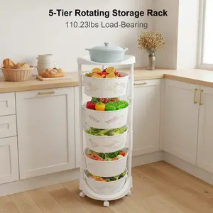 5-Tier Rotating Storage Rack Bearing 110.23lbs PP Shelf Perforated Basket Organizer with Caster for Kitchen Bathroom Living Room