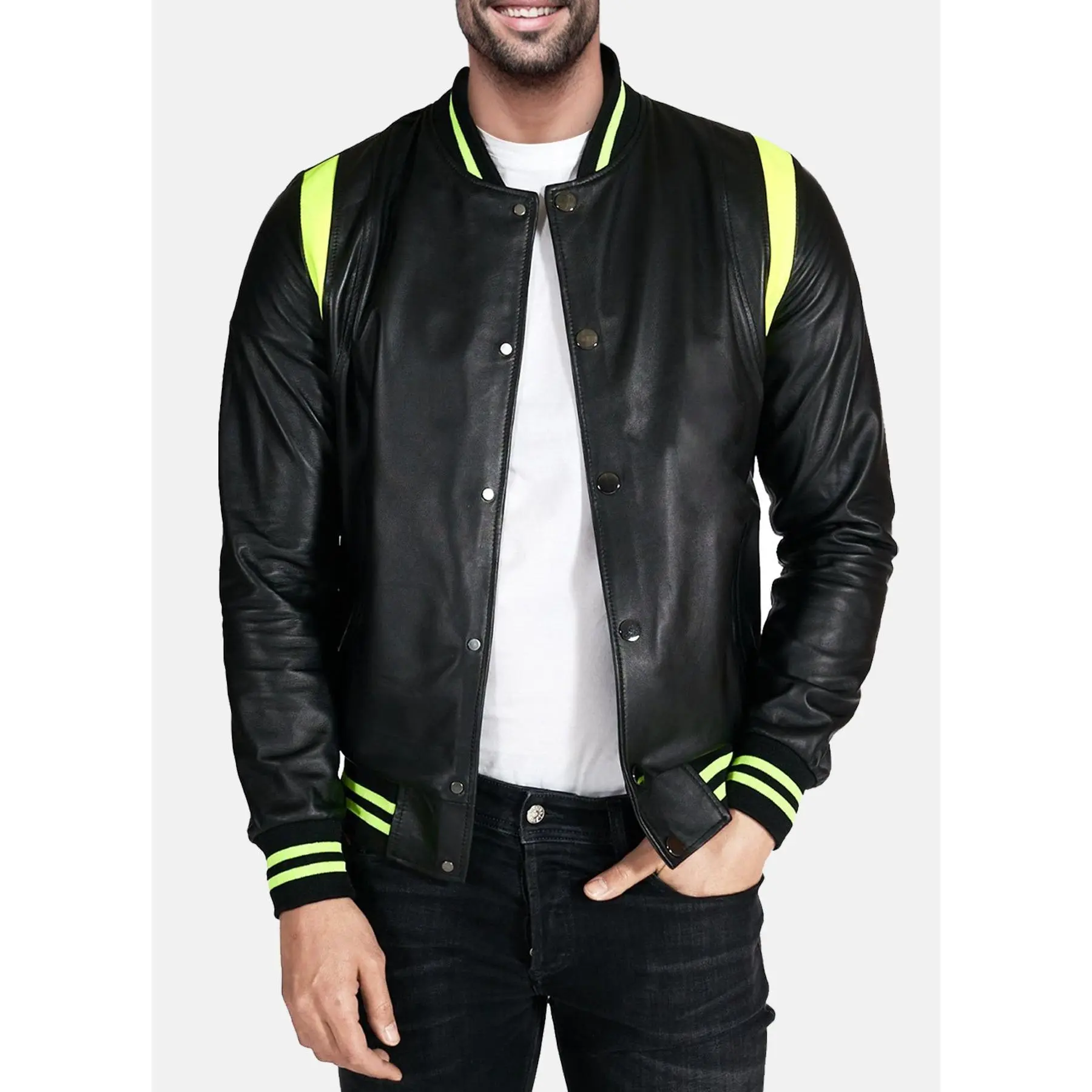 Mens Neon and Black Varsity Leather Jacket
