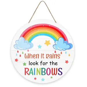 Rainbow Front Door Decor Round Wood Sign When It Rains Look for The Rainbows Inspirational Words Raindrop Cloud Wall Art Hanging Sign Plaque for Indoor Room Bedroom Playroom Decor 12''