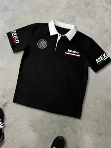 Polo shirt - Black and white color-block Mexican Fitted Polo shirt - Classic lapel top with Graphic national emblem print, daily versatile casual trendy clothing