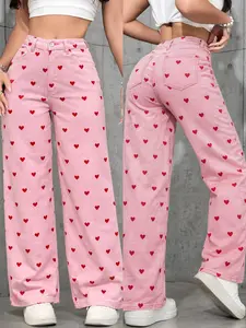 Women's Heart Print Jeans, Wide Leg Long Pants, Mid-Waist Loose Fit, Casual Fashion, Zipper Fly, Natural Waist, Unlined, Trouser