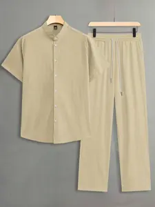 Trendy 2 Pcs Men's All Khaki Textured 2 Piece Set, Stand Collar Short Sleeve Top & Drawstring Straight Leg Pants, Premium Breathable Minimalist Outfit for Street Style & Daily Casual Wear #MensStreetwearSet #SolidColorOutfit #VersatileSummerSet
