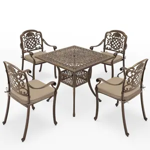 5-Piece Patio Dining Set - Outdoor Cast Aluminum Furniture with Vintage Table Top, 4 Outdoor Stackable Chairs, Rust-Resistant Design