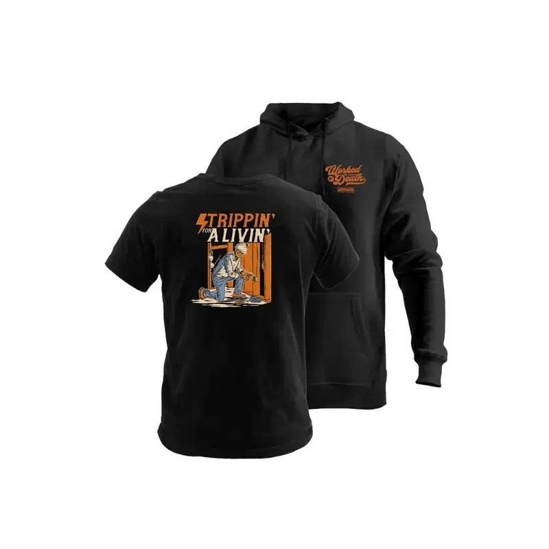 Worked to Death Strippin’ for a Livin’ Electrician 2 Sided T-Shirt, Worked to Death Graphic Tee, Funny Tradesman Apparel, Soft Cotton Work Shirt for Men & Women