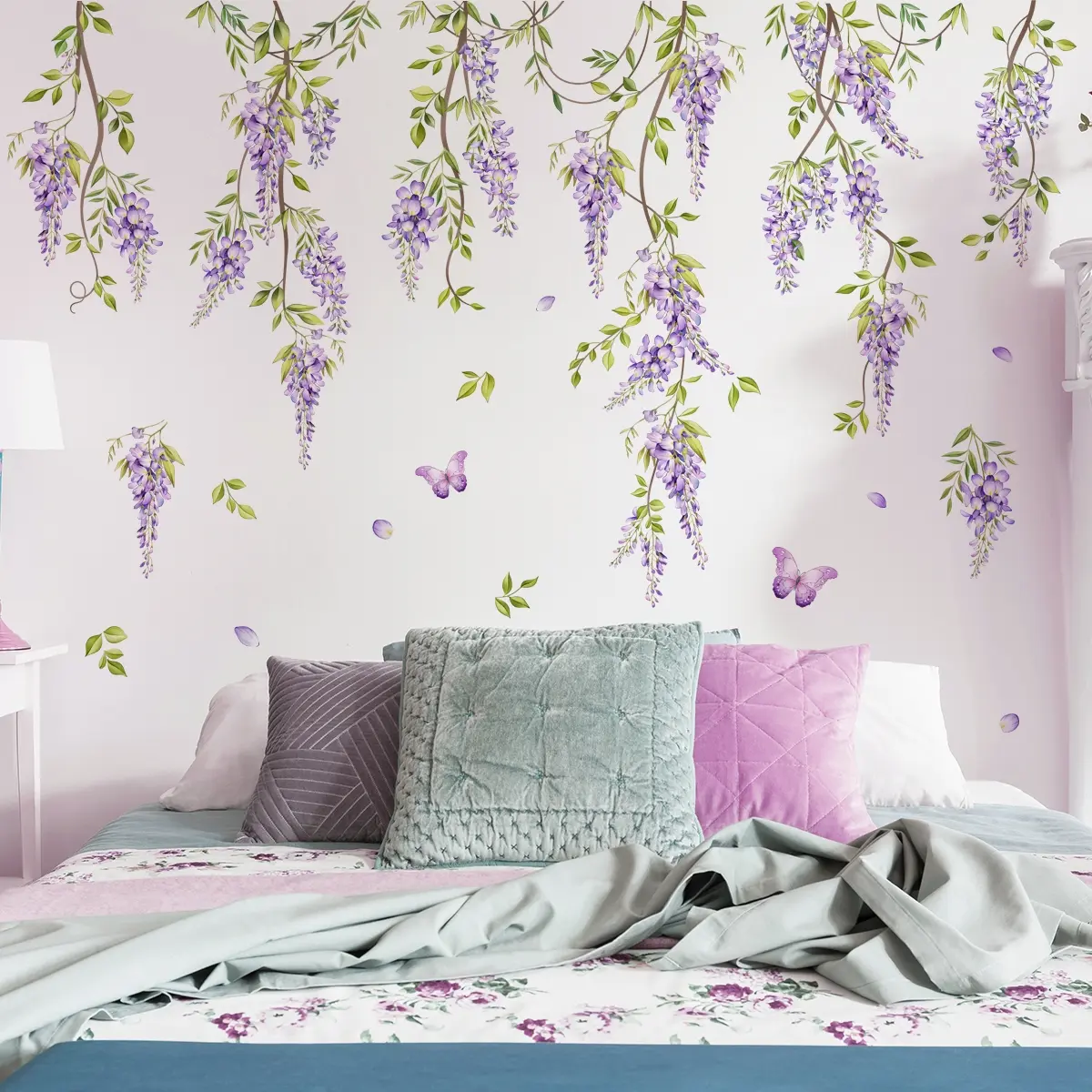 2Pcs Set(30*90cm) Watercolor Wisteria Vine Decorative Wall Sticker, Romantic Spring Themed Self-adhesive Decal for Bedroom Living Room