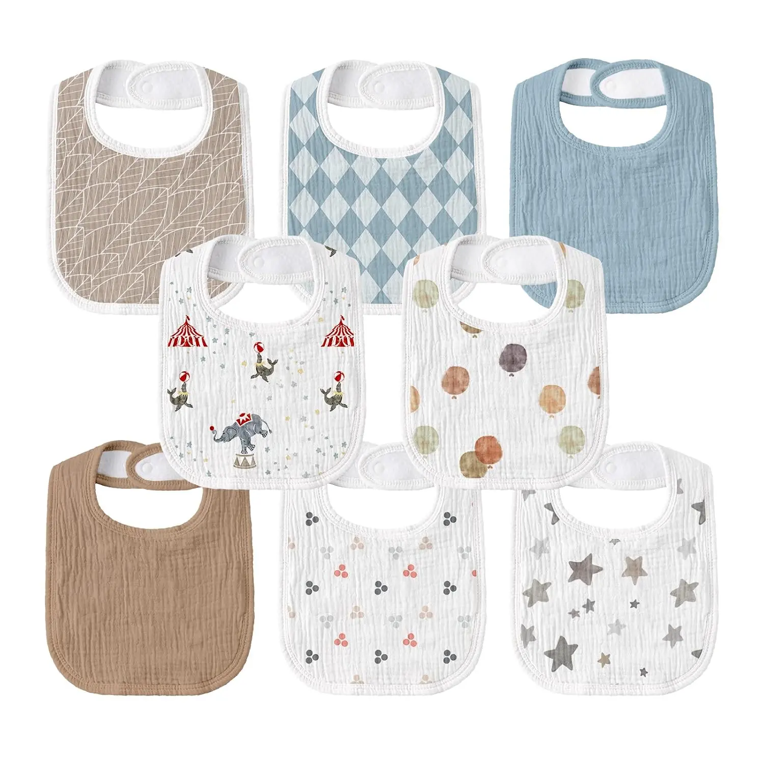 Organic Cotton Muslin Bandana Bibs 8-Pack for Baby Boys (0-36 Months), Absorbent Soft Drooling & Teething Bibs with Adjustable Closure, Blue