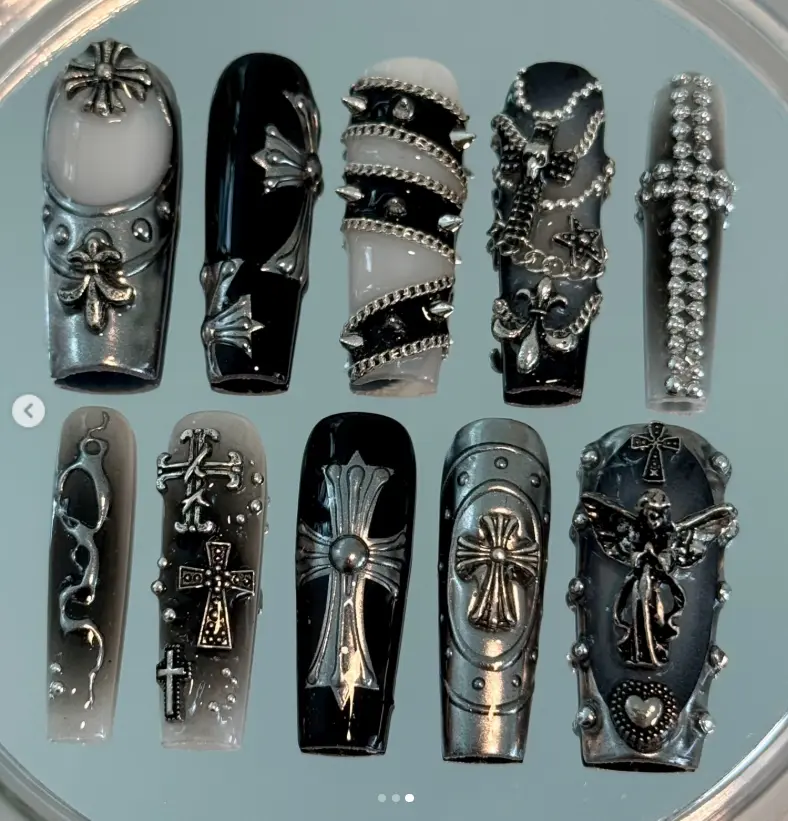Black Silver Gothic Press On Nails, Long Coffin Cross Chain Rhinestone Nails, Punk Chrome Armor Nail Set, Handmade Gift for Her