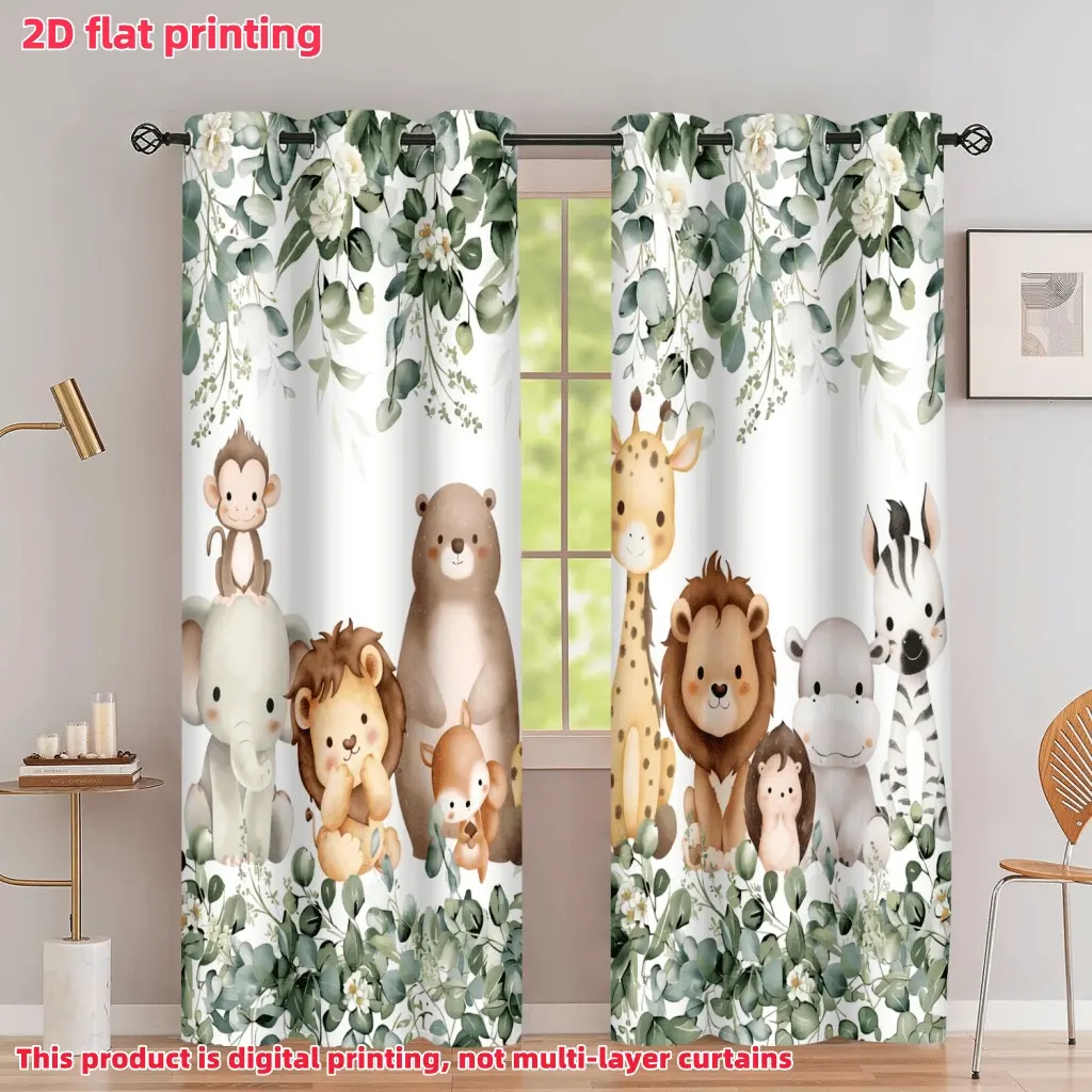 2D Flat 2Pcs Cartoon Safari Animal Print Curtain, Home Decorative Curtain, Window Curtains, Window Drapes, Home Textile, Jungle Eucalyptus Theme, Semi Sunshade Perforated Design for Living Room, Bedroom, Balcony, Kitchen Window Decoration