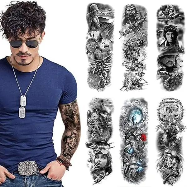 Militray Tattoo Sleeve Black Fake War Tattoo Full sleeve Temporary Tattoo Stickers Body Art for Man Women, 6-Sheet