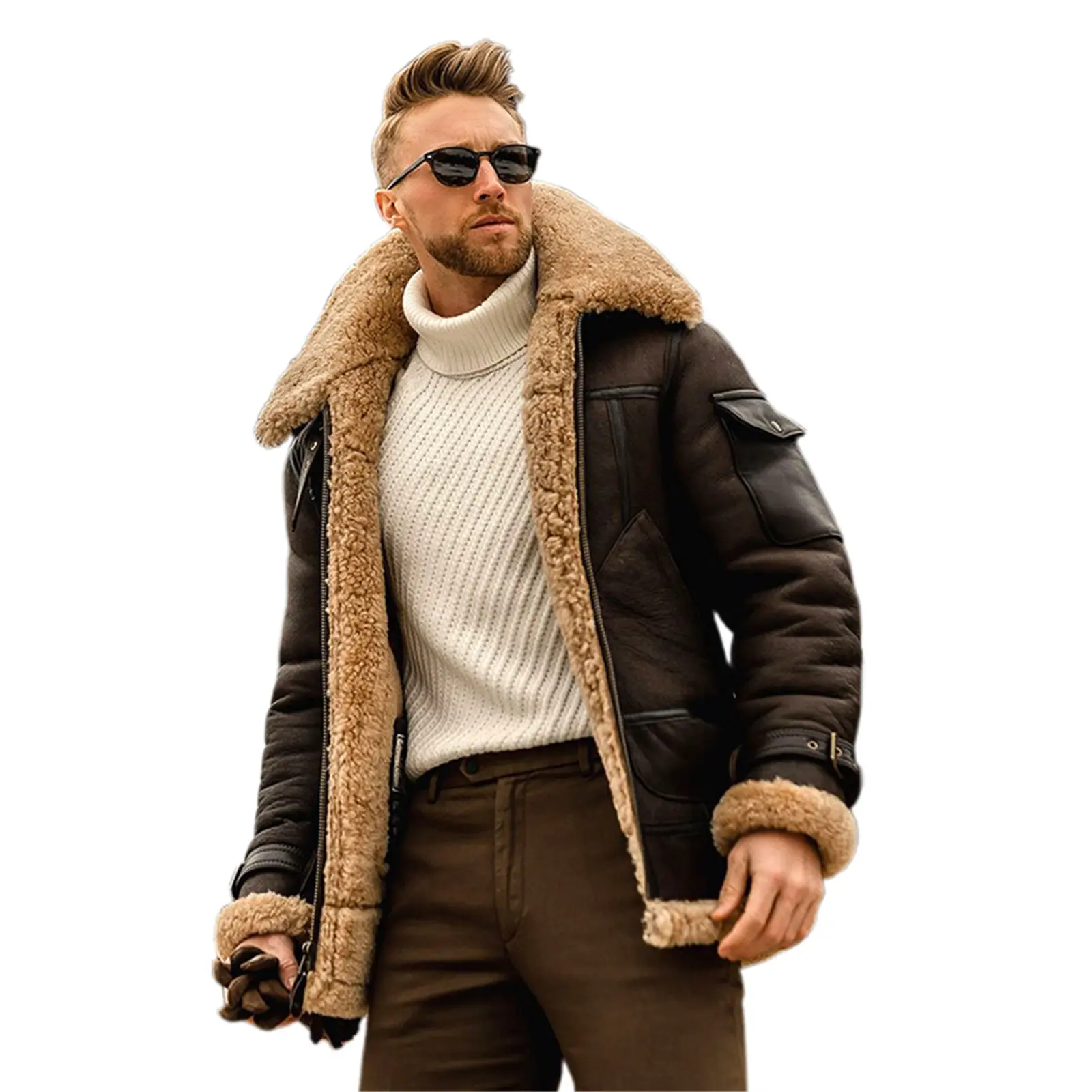 Men's Shearling Leather Aviator Jacket - Vintage Pilot Style, Warm Faux Fur Lined Coat , Ideal for Winter Outdoor & Casual Wear