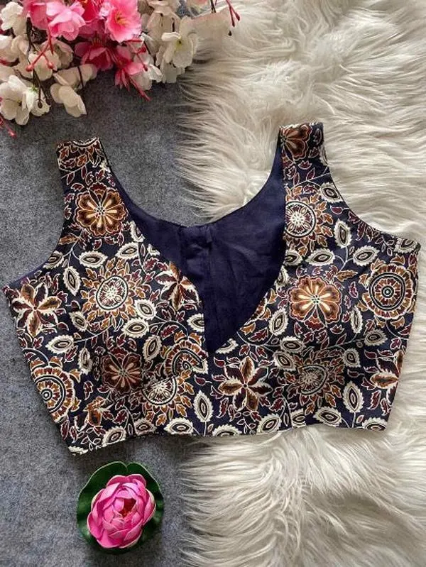 FANCY AJRAKH COTTON STITCHED BLOUSE NAVY BLUE