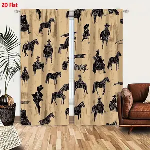 2D Flat  Vintage Western Cowboy Horse Pattern Curtain 2-Piece Set, Beige Light Brown Background with Sketchy Black & White Cowboy Horse Illustrations, Rough Brushstroke Style for Bedroom Living Room Decor
