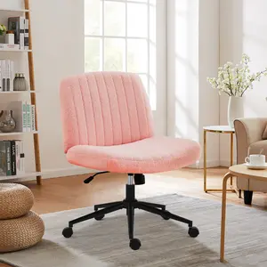 Criss Cross Office Chair with Wheels Wide Armless Home Office Desk Chair Dual Purpose Base Swivel Height Adjustable Pink Plush