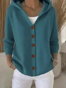 Women's Hooded Knit Cardigan, Button, Solid Color Casual Fashion Sweater Coat, Stylish Outerwear for Daily Wear, Comfortable and Trendy