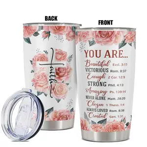 Floral Pattern Tumbler, 1 Count 20oz Stainless Steel Cup with Straw & Cleaning Brush, Insulated and Durable Cup, Perfect Gift for Christian, Families, Friends, Drinkware