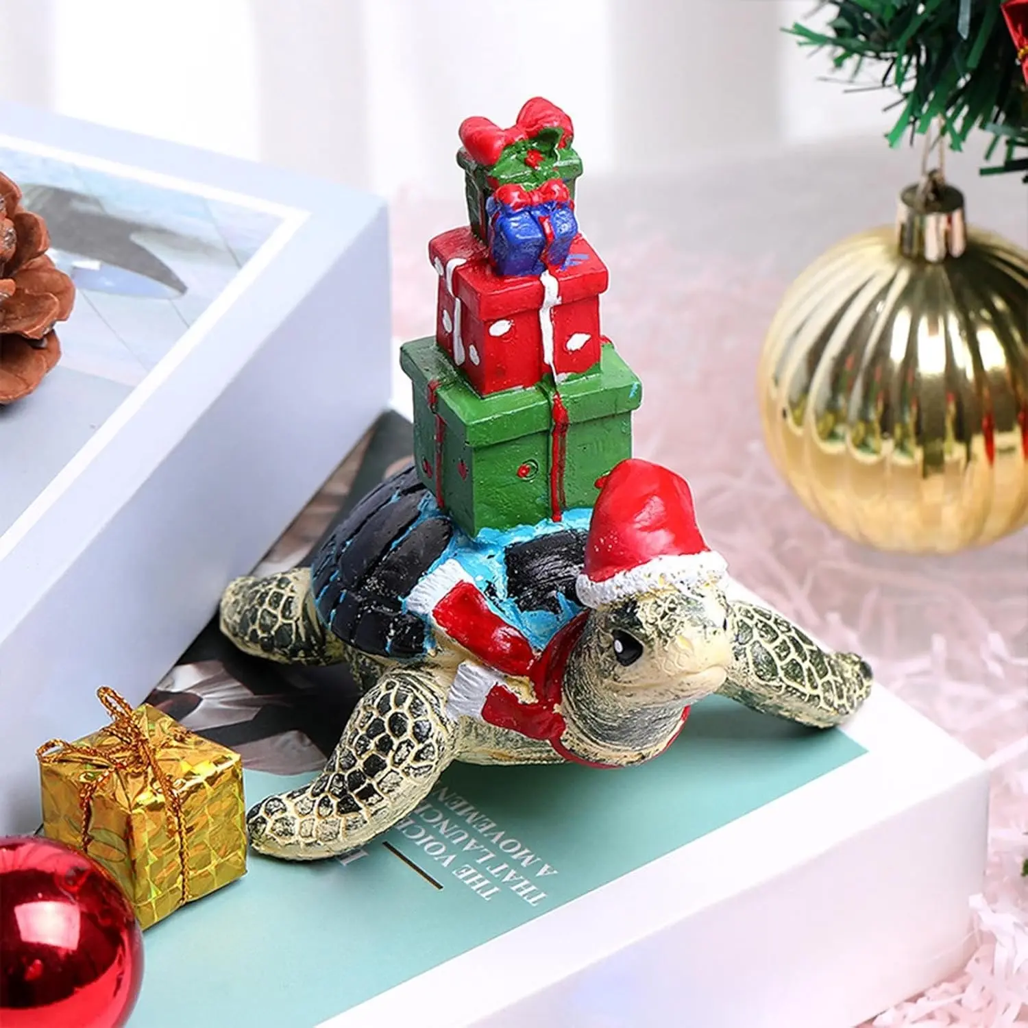 Christmas Turtle Ornament, Holiday Animal Sculpture, Resin Home Decor, Desktop Turtle Statue, Cute Christmas Decoration, Seasonal Turtle Sculpture