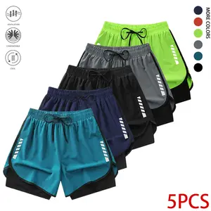 Set of 5 men’s athletic shorts featuring reflective print patterns; suitable for running, fitness, and basketball training. Double-layer design ideal for outdoor activities and everyday casual wear—athletic shorts.