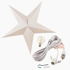 24" Solid White Tidal Waves Cut-Out Paper Star Lantern Hanging Decoration with 15-FT Lamp Cord
