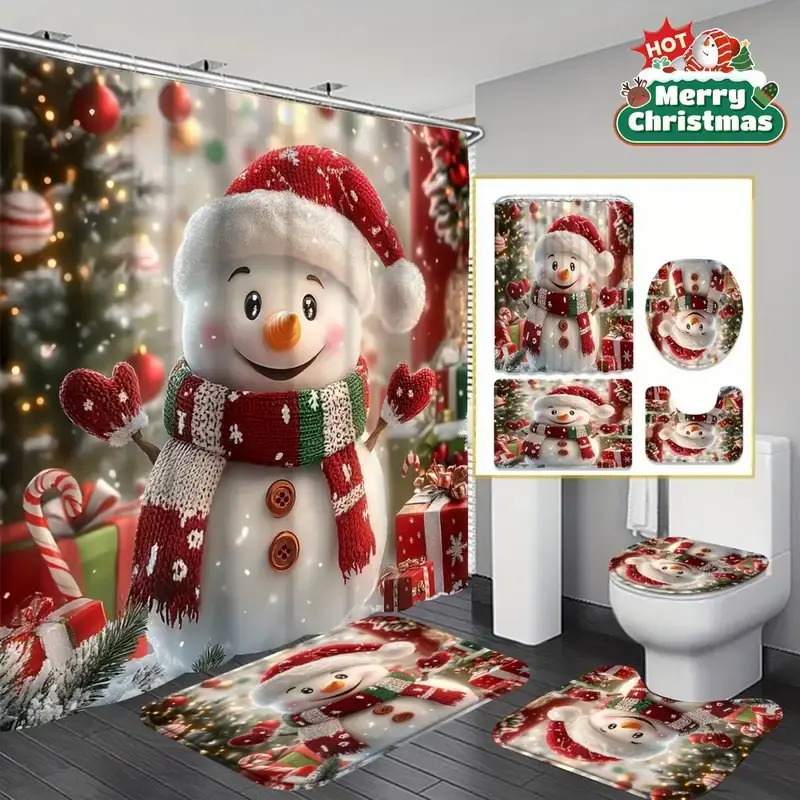 1/4pc Winter Snowman and Snowflake Decorative Shower Curtain Set, festive design, includes non-slip mat, U-shaped rug, and toilet seat cover. Perfect for bathroom décor, beautifies the space. Comes with 12 shower curtain hooks.