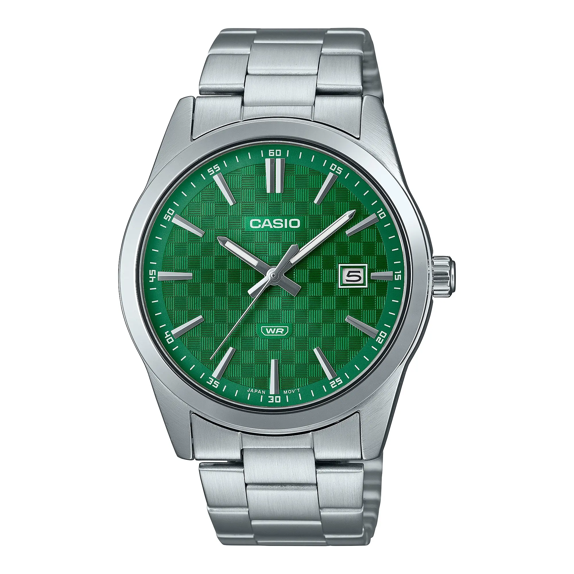Casio Men’s Silver Stainless Steel Watch with Green Textured Dial - MTP-VD03D-3A1UDF