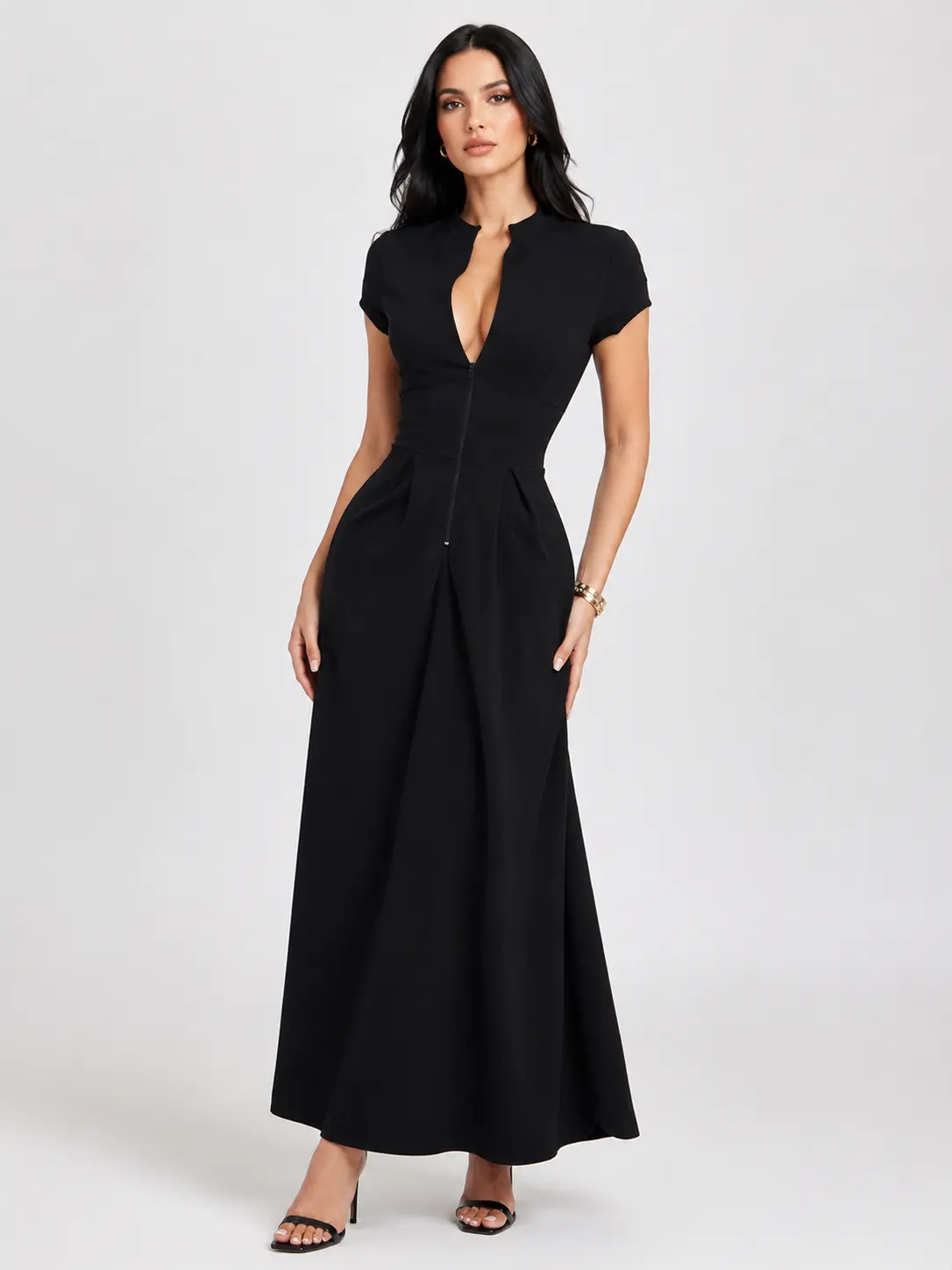 Black Pleated Maxi Dress for Women, High Neck Sleeveless Stretch Dress, Front Zipper Elegant Bodycon Long Dress