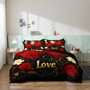 3pcs Set Valentine'S Day Romantic Deep Red Rose Love Heart Rose Design Theme Pattern Duvet Cover Set,Suitable For Bedroom, Hotel, Inn, Valentine'S Day Gift, School Dormitory Can Be Used As Holiday Gifts （1*Duvet Cover + 2 Pillowcases，No Core）