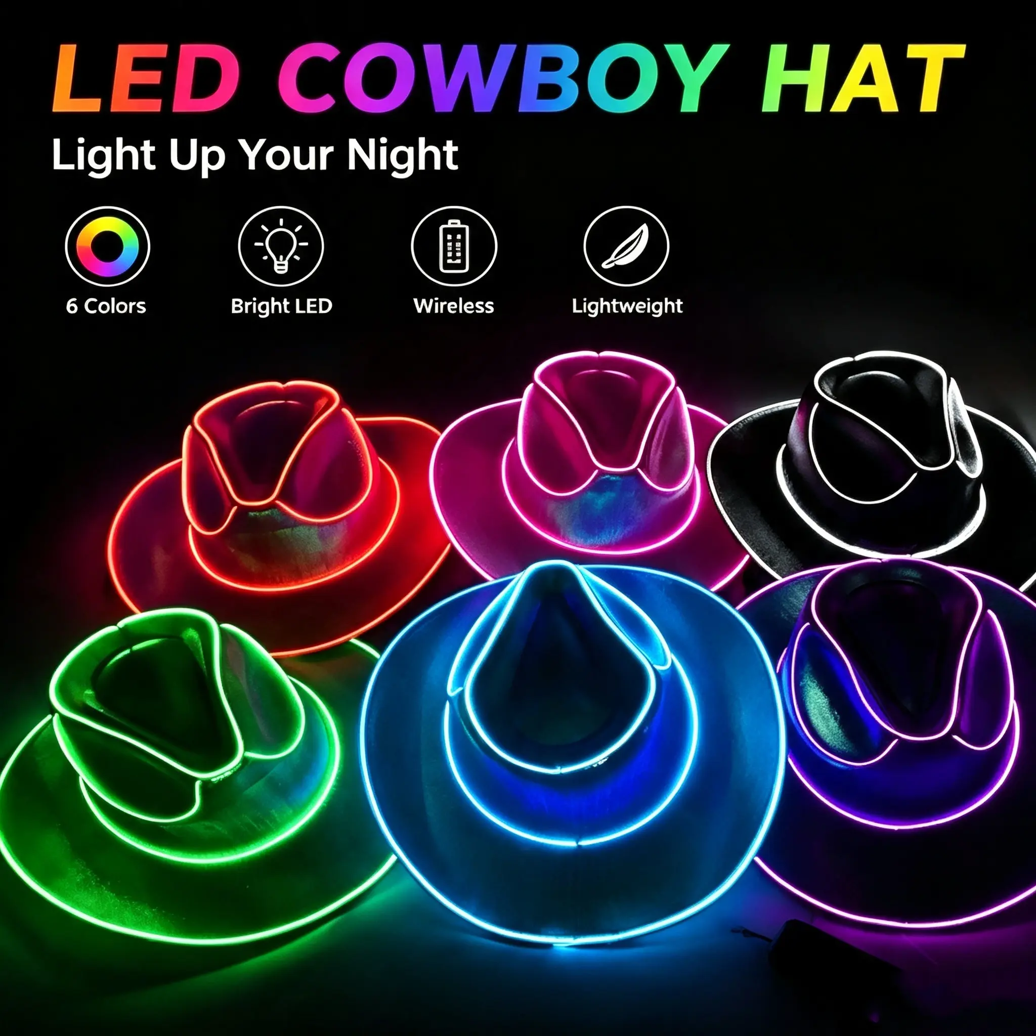 LED Luminous Pearl Iridescent Western Cowboy Hat, Sparkly Light Up Cowgirl Cap, Spooky Halloween Party & Stage Show Costume Accessory
