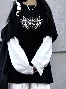 Women's Patchwork Long Sleeve Knit Printed T-Shirt, Casual Fashion Top for Daily Wear, Comfortable Fit for All Seasons