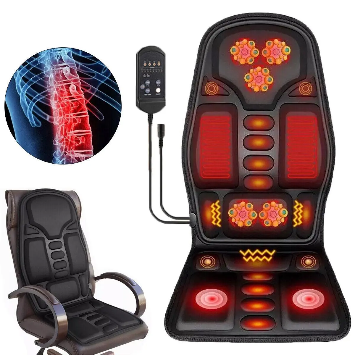 Car Seat Massage Cushion - 110x48cm, DC12V, 8-Model Massage, 2 Heat Levels, Extra Memory Foam Neck & Lumbar Support, Auto Shut-Off, Heat + Vibes, Back Pain Relief, Relaxation Gift for Dad, Mother, Husband, Wife, Multicolor Car Interior Accessory