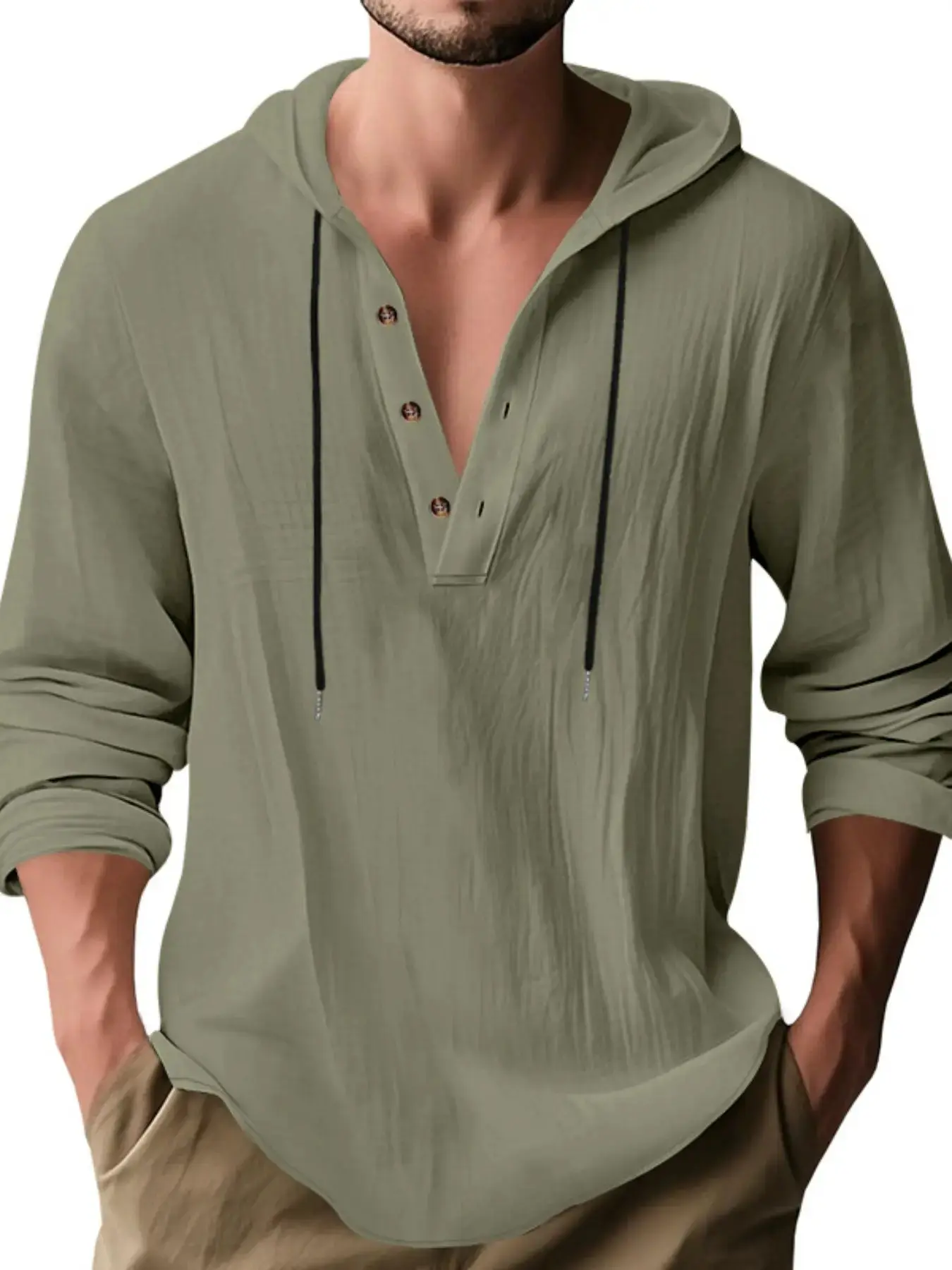 Men's Linen Breathable Long Sleeve Shirt, Spring & Fall Casual Loose Fit Hooded Beachwear, American Classic Style Henry Collar Top, Menswear, Casual Fall Streetwear
