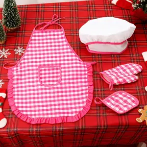 Plaid Pattern Polyester Kitchen Cooking Apron Set, Kids Baking Role Play Costume, Kindergarten Culinary Experience Gear, New Year Party Gift