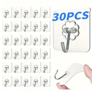 30 Pack Adhesive Wall Hooks， Stainless Steel Self-Adhesive Waterproof Hooks for Bathroom， Kitchen ，Shower， Keys， Door Home Organization， Removable No Nail Damage - Plastic, Organiser
