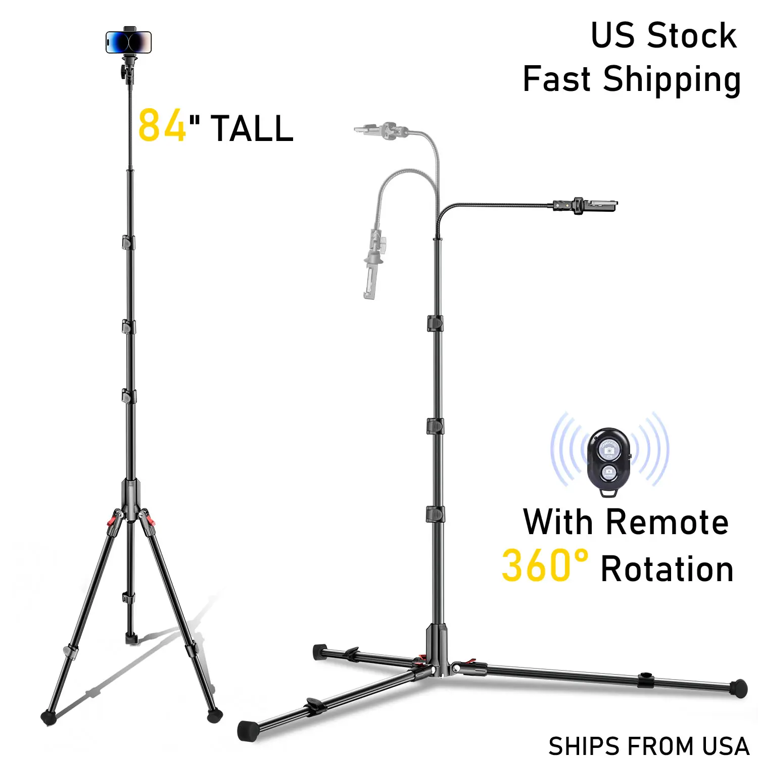 CAMBOFOTO S202 84" Aluminium Portable Phone Tripod Stand - Gooseneck, Bluetooth Remote, Extendable Base, Adjustable Head, Steel Selfie Stick, Accessories Holder for Smartphones, Cameras (Travel, Vlogging for Content Creators) with Manufacturer Warranty, M