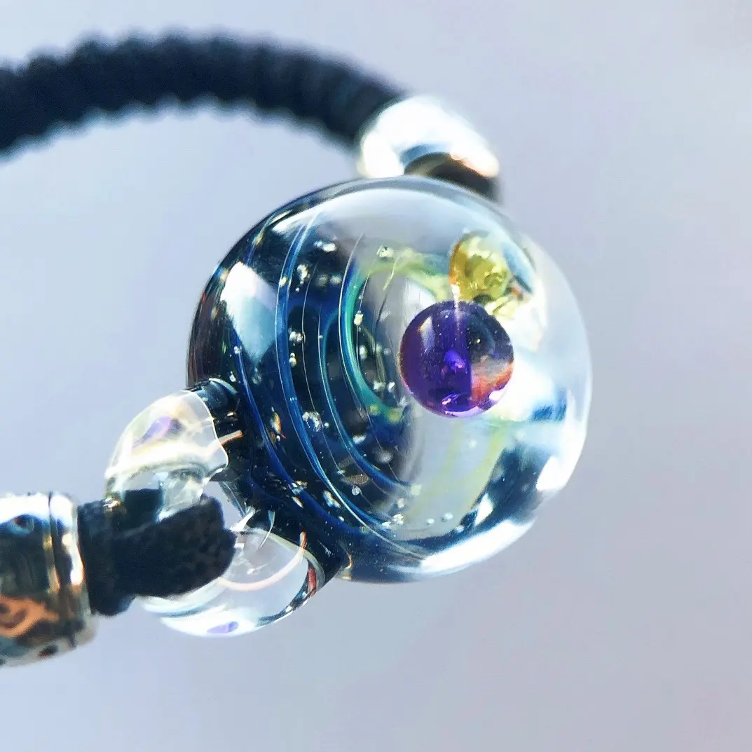 Handmade-Blown Glass Art Bracelet: Miniature 3D Galaxy, Starry Night Sky & Planetary Design, Unique Universe-Themed Gift