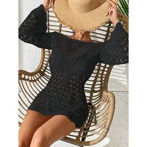 Women's Plain Hollow Out Crochet Cover Up Dress, Swimsuit Coverup, Casual Short Sleeve Cover Up Dress for Summer, Fashion Women's Clothing for Beach Holiday Vacation(Sheet)