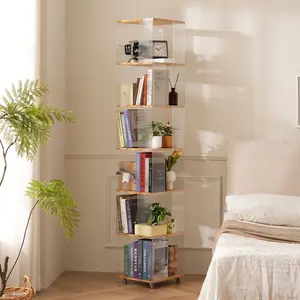 6-Tier Rotating Bookshelf 360° Spinning Acrylic Bookcase with Wheels Modern Storage Organizer for Home Office Living Room Bedroom