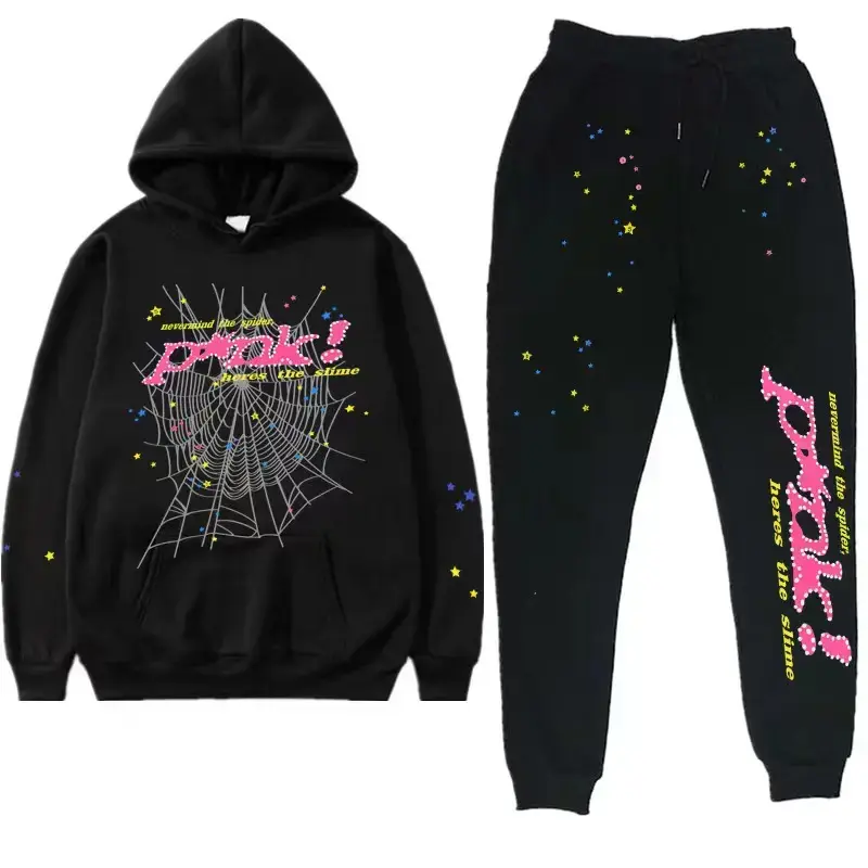 Pink Black Tracksuit Set – Y2K Spider Web Hoodie & Sweatpants, Unisex Streetwear 2-Piece Outfit, Pullover Hoodie Set, Gift for Him & Her