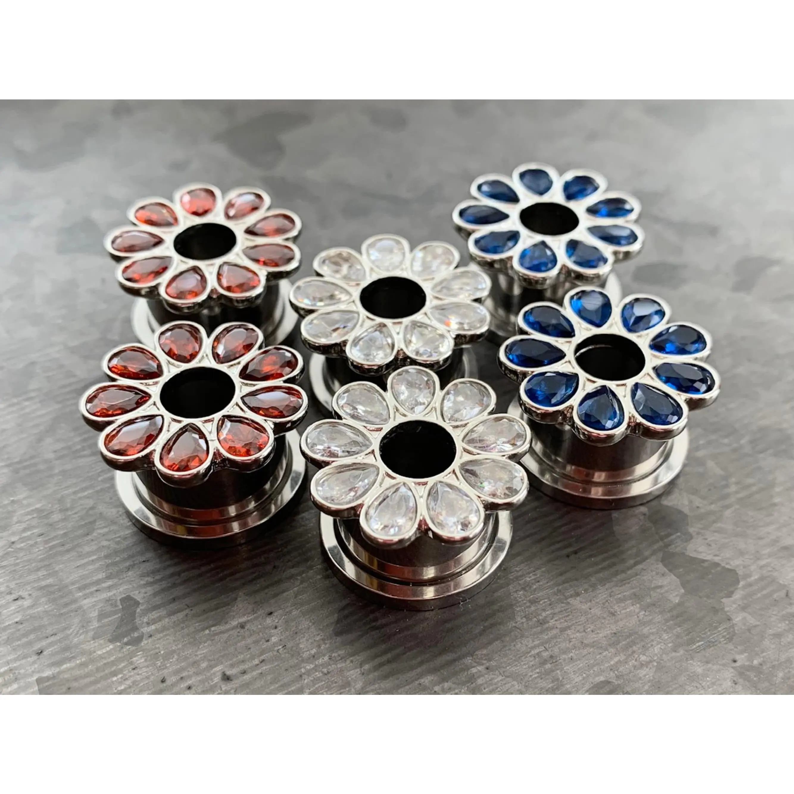 PAIR of Stunning CZ Gem Set Flower Steel Screw Fit Tunnels/Plugs - Clear, Red or Blue - Gauges 4g (5mm) thru 5/8" (16mm)